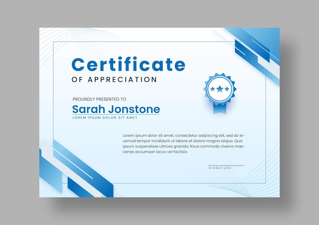 Modèle de conception de certificat blanc et bleu simple et moderne