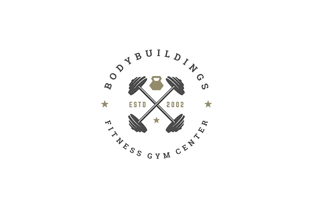 Modèle de conception du logo du club de fitness avec des haltères croisés et des équipements de culturisme lourds métalliques