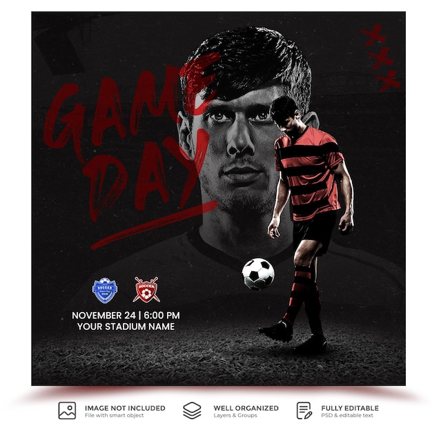Modèle de conception de flyer ou bannière de médias sociaux pour le calendrier des matchs de football