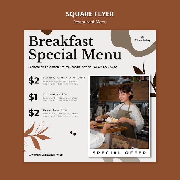 PSD modèle de conception de flyer carré de menu de restaurant