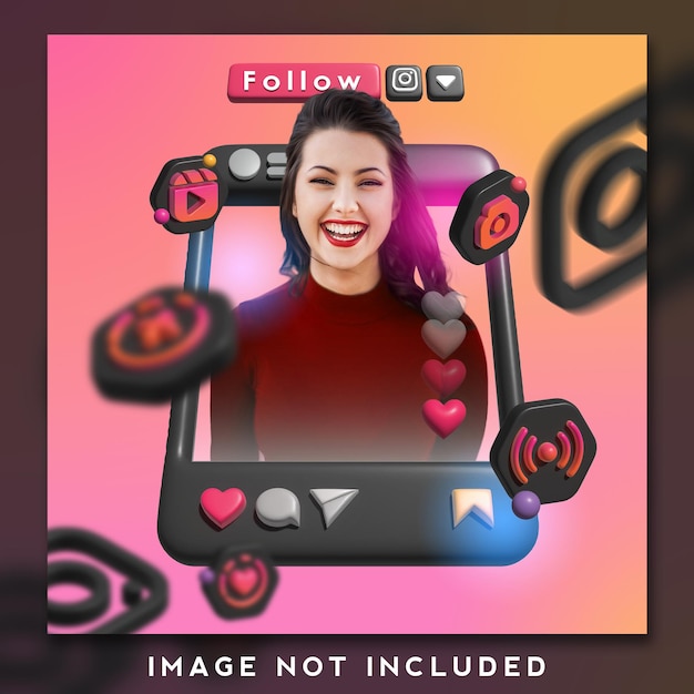 modèle de conception instagram en mode sombre avec jeu d'icônes 3d
