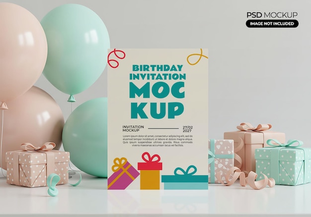 Modèle de conception d'invitation d'anniversaire avec des ballons et des cadeaux