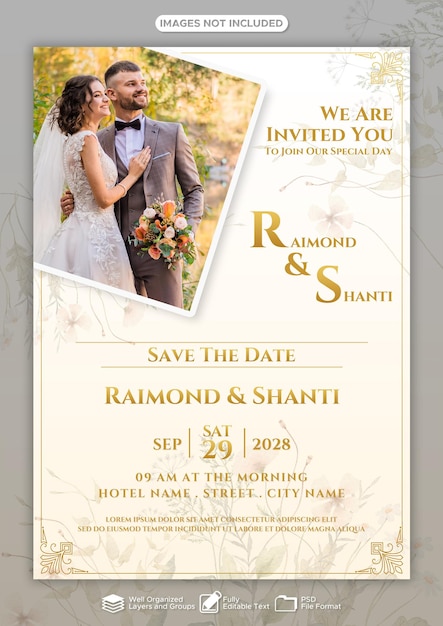 Modèle de conception d'invitation de mariage avec un style or simple et élégant