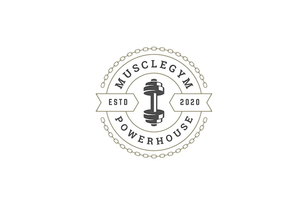 modèle de conception de logo vintage du cercle de club de fitness manette verticale et chaîne métallique
