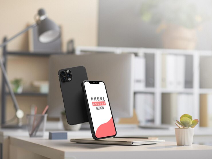Modèle de conception de maquette d'écran de téléphone mobile numérique avec vue flottante sur les plantes