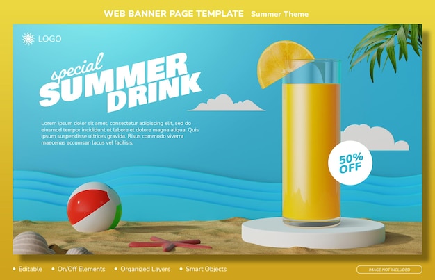 PSD modèle de conception modifiable de page de bannière web de promotion de produit de thème d'été avec des éléments 3d
