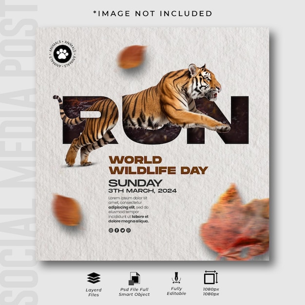 PSD modèle de conception de post instagram pour la journée mondiale de la faune