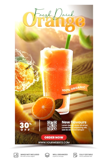 PSD modèle de conception de promotion de boisson de restaurant de menu de jus d'orange