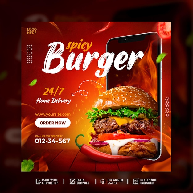 Modèle de conception de publication d'annonce instagram de restauration rapide de burger délicieux et épicé psd