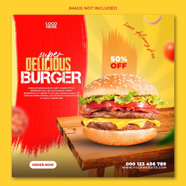 Modèle de conception de publication instagram de médias sociaux de burger de nourriture super délicieuse