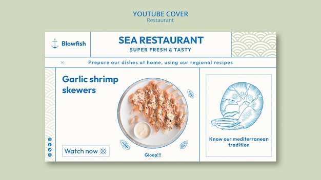 PSD modèle de couverture youtube pour restaurant de fruits de mer