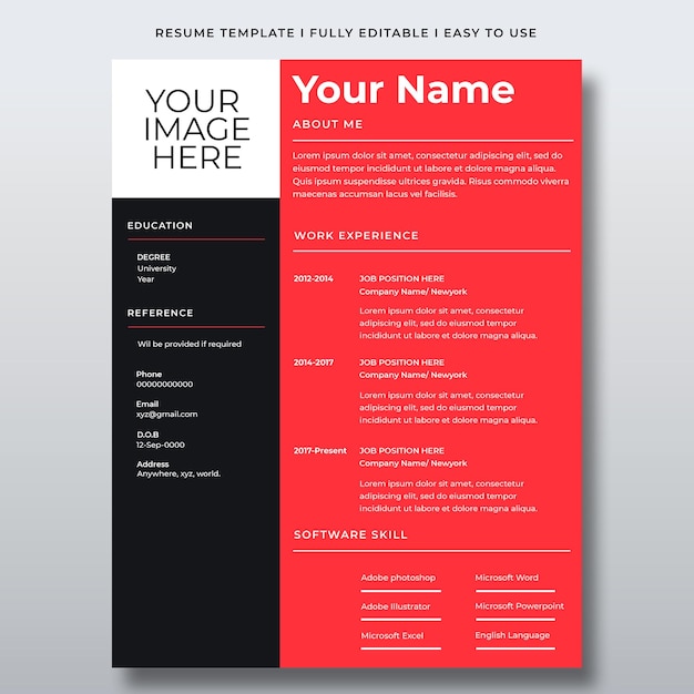 PSD modèle de cv noir et rouge de style moderne
