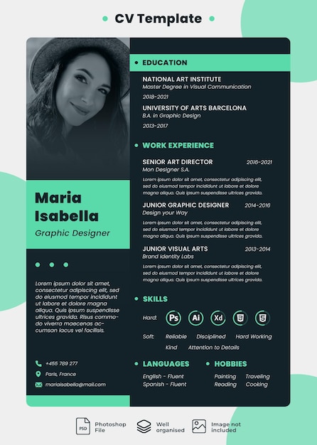 PSD modèle de cv pour les demandes d'emploi design sombre moderne