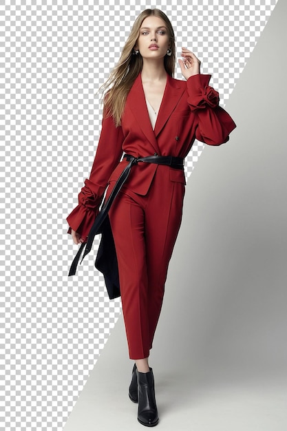 un modèle dans un costume rouge avec une ceinture dessus