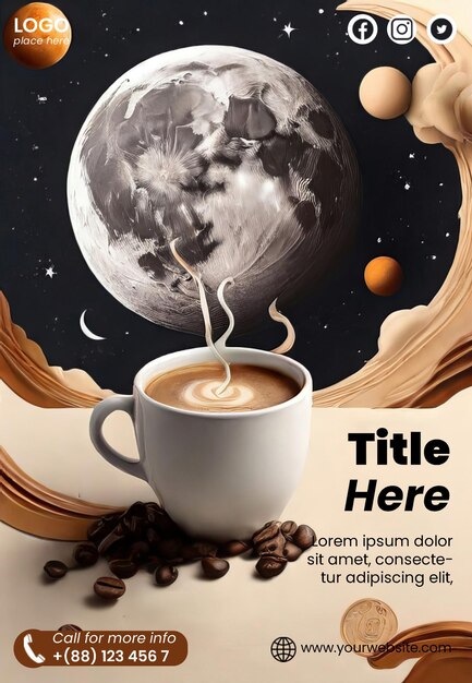 PSD modèle de dépliant premium avec une illustration de café et de lune