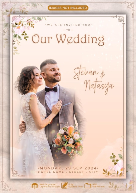 Un modèle élégant de couverture d'invitation de mariage PSD