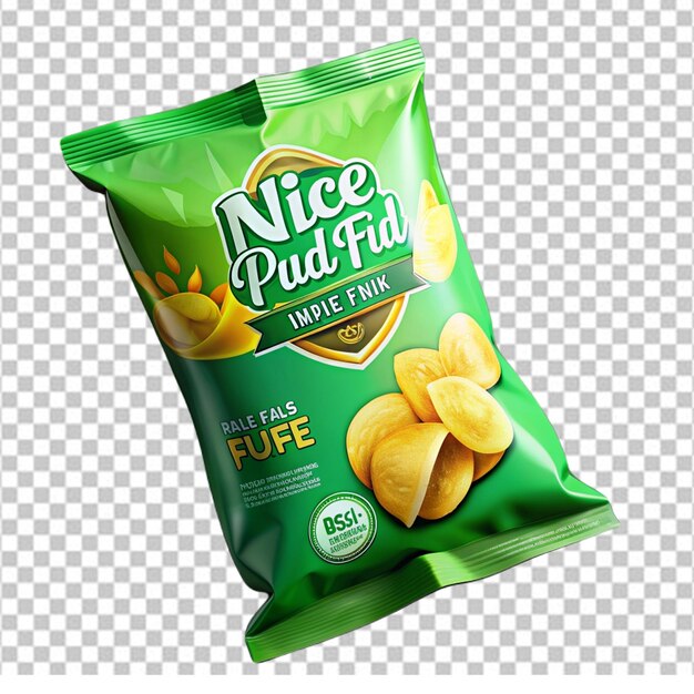 PSD modèle d'emballage de chips vertes avec des collations croustillantes jaunes concept publicitaire sur fond blanc