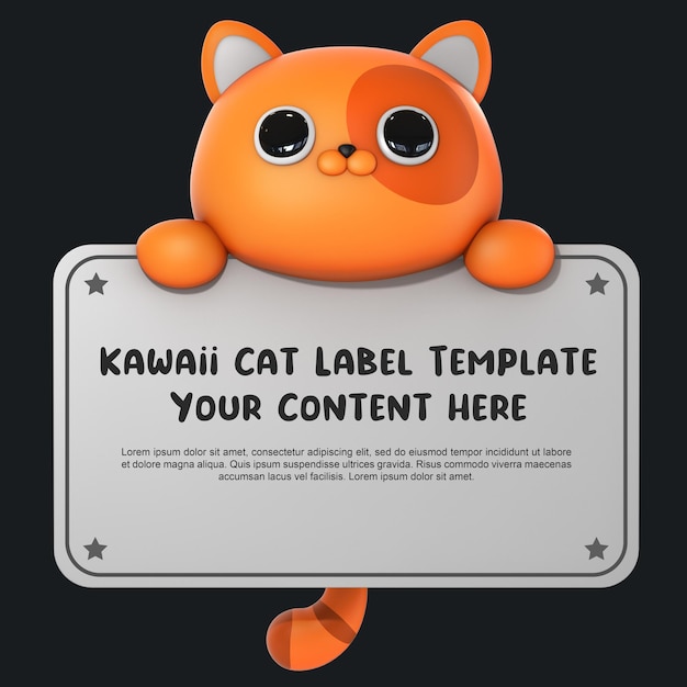 Modèle d'étiquette de rendu 3d chat mignon kawaii