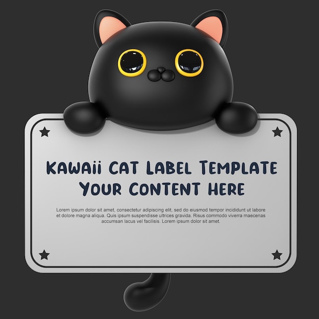 PSD modèle d'étiquette de rendu 3d chat mignon kawaii