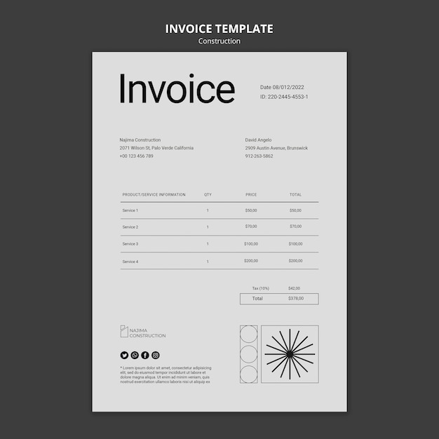 PSD modèle de facture de construction minimale