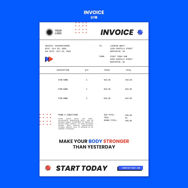 PSD modèle de facture de gym et de fitness