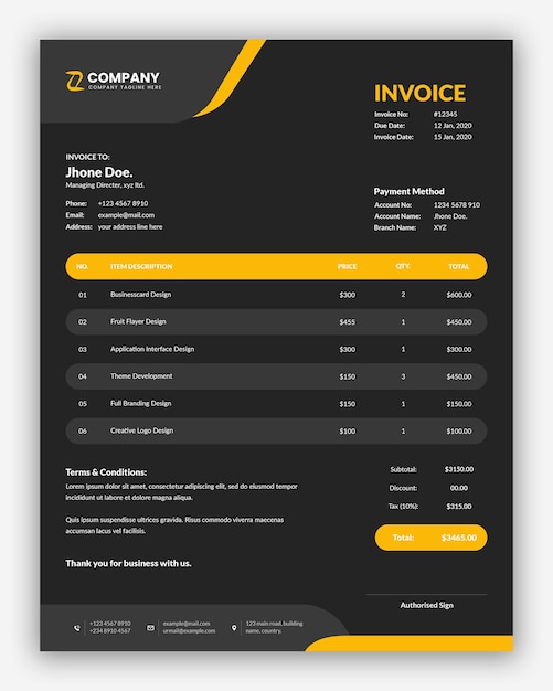Modèle De Facture Professionnelle Jaune Foncé