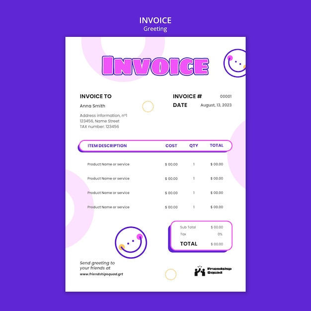 PSD modèle de facture de voeux d'amitié design plat