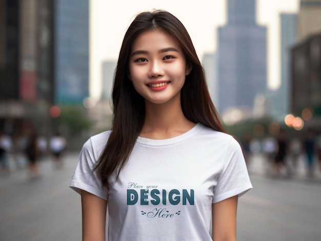 PSD modèle de femme portant un t-shirt blanc mockup avec un arrière-plan de ville de luxe debout