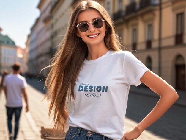 PSD modèle de femme portant un t-shirt blanc mockup avec un arrière-plan de ville de luxe debout