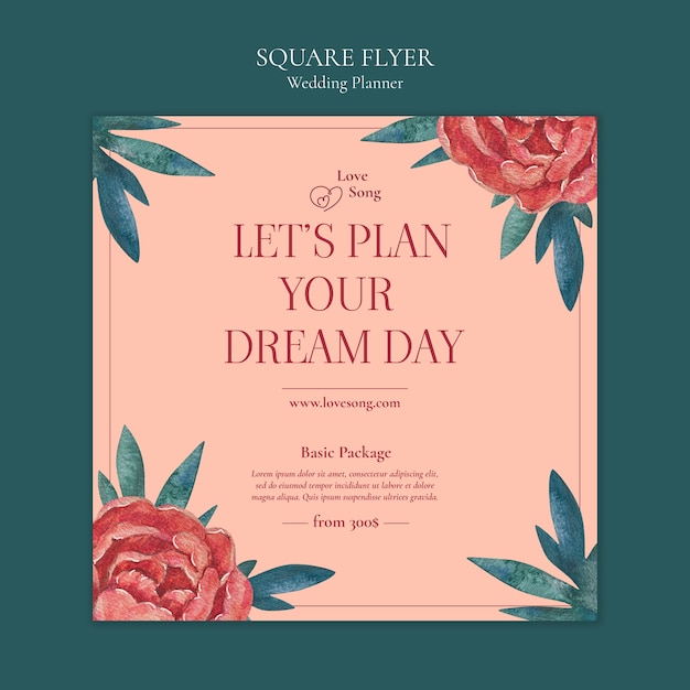 Modèle de flyer carré de planificateur de mariage aquarelle