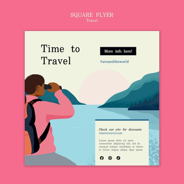 Modèle de flyer carré de voyage design plat