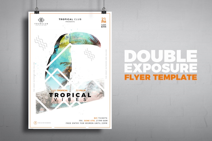 PSD modèle de flyer de double exposition tropicale moderne