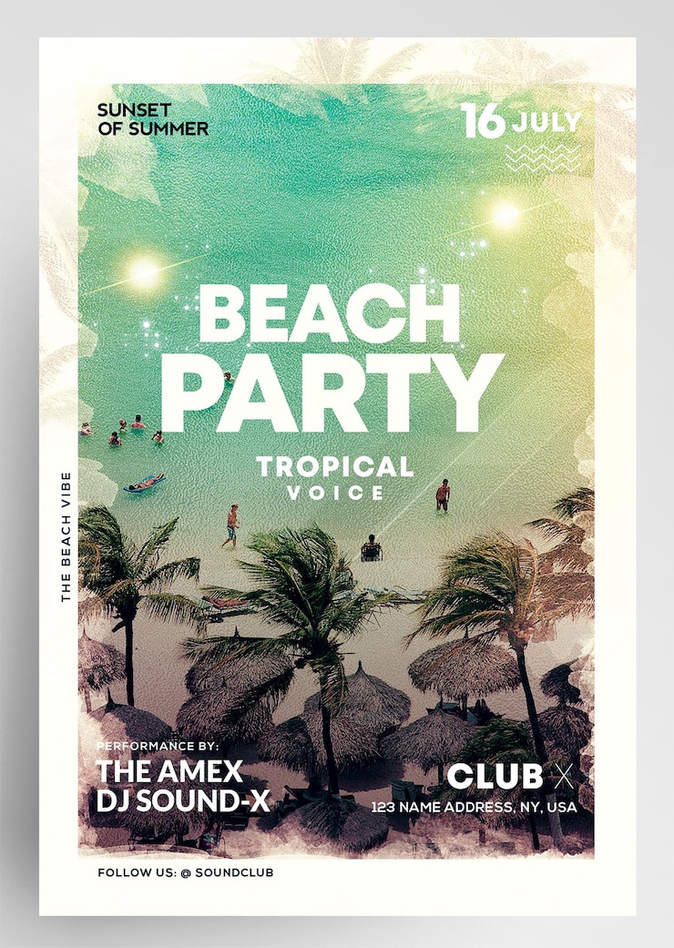 PSD modèle de flyer d'événement plage et fête tropicale