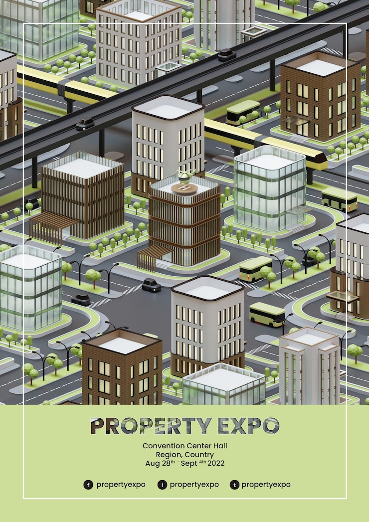 PSD modèle de flyer d'exposition immobilière avec illustration 3d isométrique