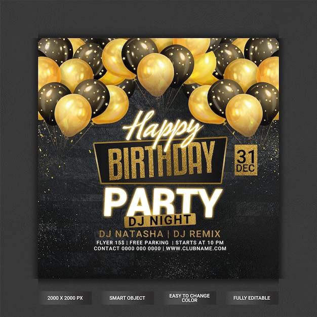 Modèle de flyer de fête de club d'invitation de joyeux anniversaire