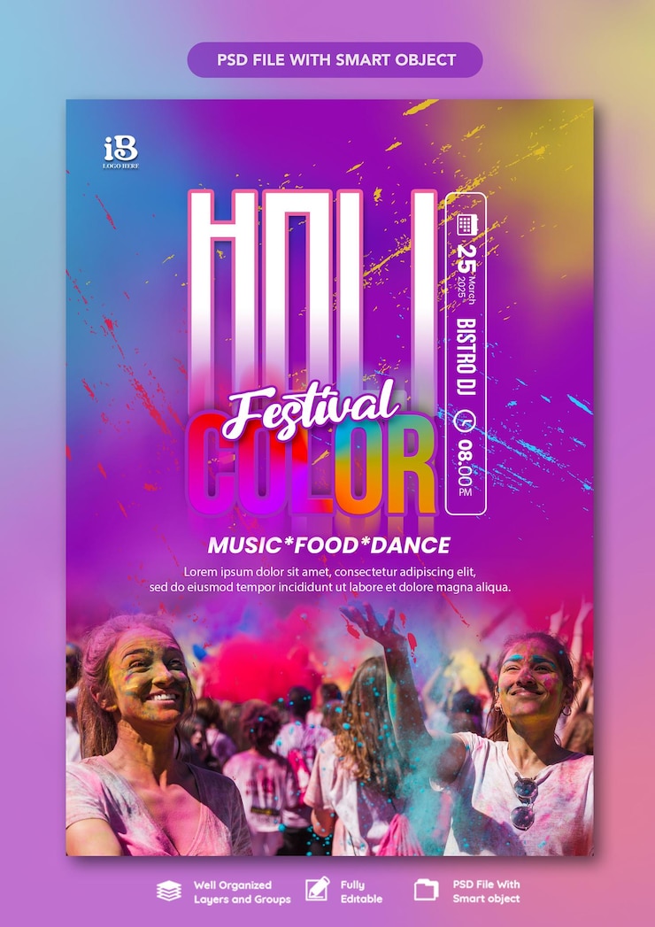 PSD modèle de flyer de la fête du festival de holi