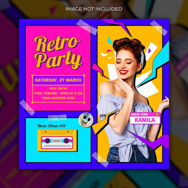 PSD modèle de flyer et médias sociaux de soirée dj club retro party