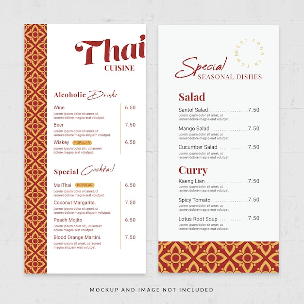 PSD modèle de flyer de menu de cuisine thaïlandaise en psd