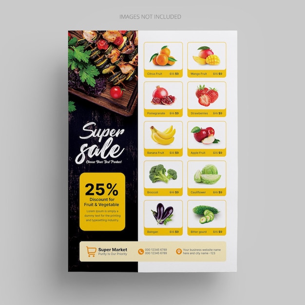 PSD modèle de flyer de supermarché pour la promotion des produits de fruits et légumes avec affiche de réduction