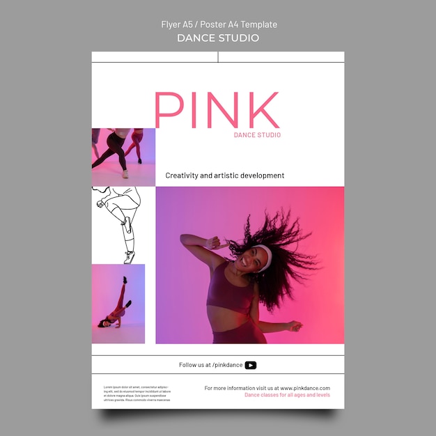 PSD modèle de flyer vertical de cours de studio de danse rose