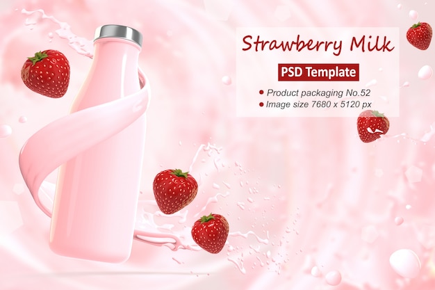 PSD modèle de fond de lait aux fraises rendu 3d