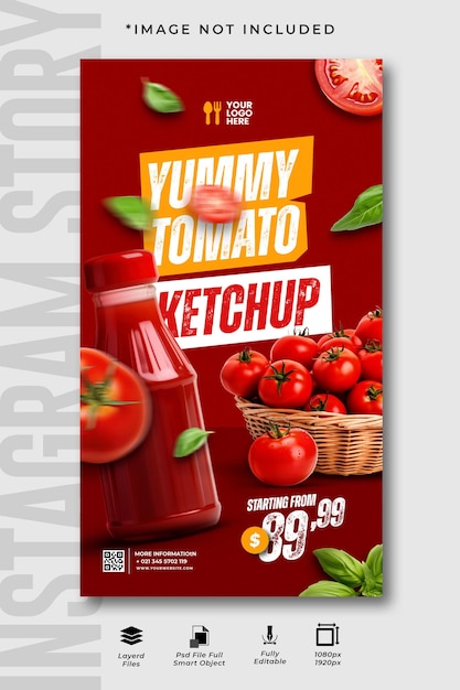 PSD modèle d'histoire instagram sur les réseaux sociaux de ketchup aux tomates