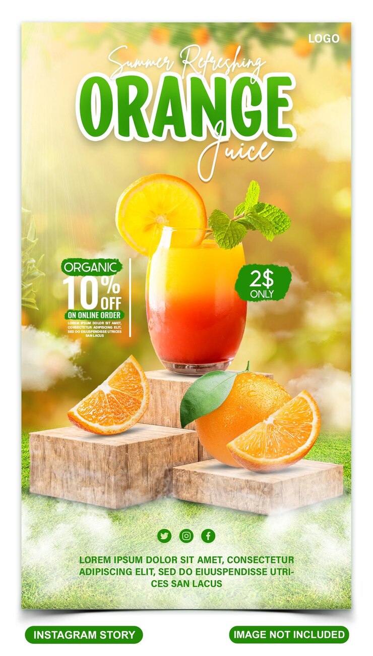 PSD modèle d'histoire de médias sociaux de jus d'orange frais avec des tranches d'orange