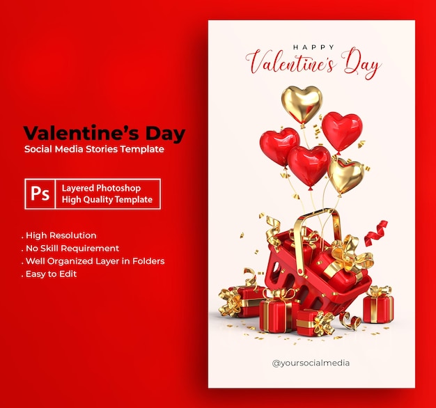 PSD modèle d'histoire de médias sociaux de la saint-valentin avec des décorations romantiques de la saint-valentin en 3d