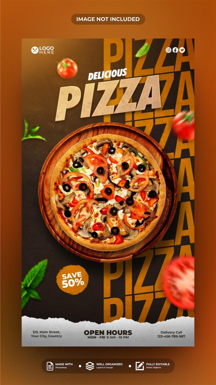 PSD modèle d'histoire de publication sur les médias sociaux de délicieuse pizza