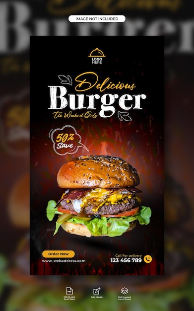 PSD modèle d'histoire de publication sur les médias sociaux pour la promotion d'un délicieux hamburger et d'un menu alimentaire