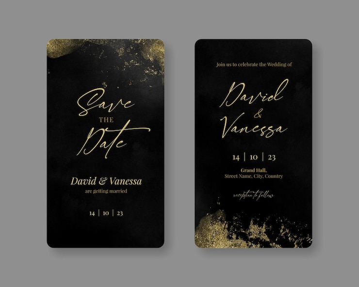PSD modèle d'histoires de cartes de mariage instagram noir et or