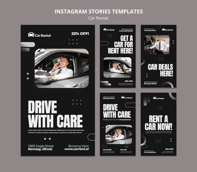 Modèle d'histoires instagram de location de voiture réaliste