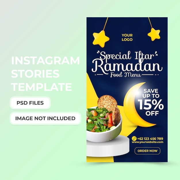 PSD modèle d'histoires de médias sociaux iftar ramadan alimentaire spécial avec icône 3d étoile et lune psd premium