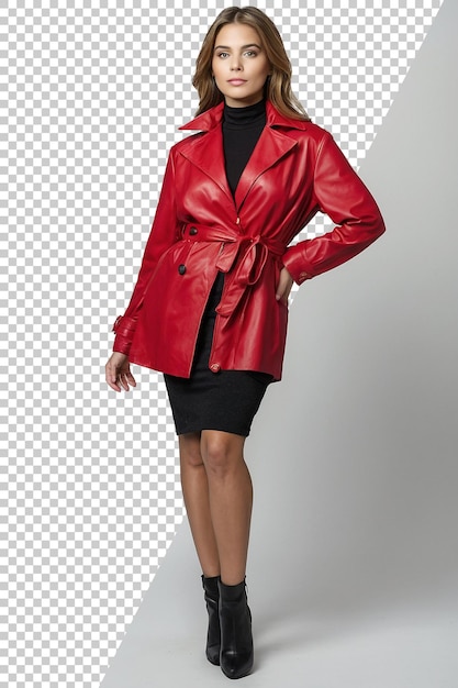 un modèle en imperméable rouge avec un nœud rouge